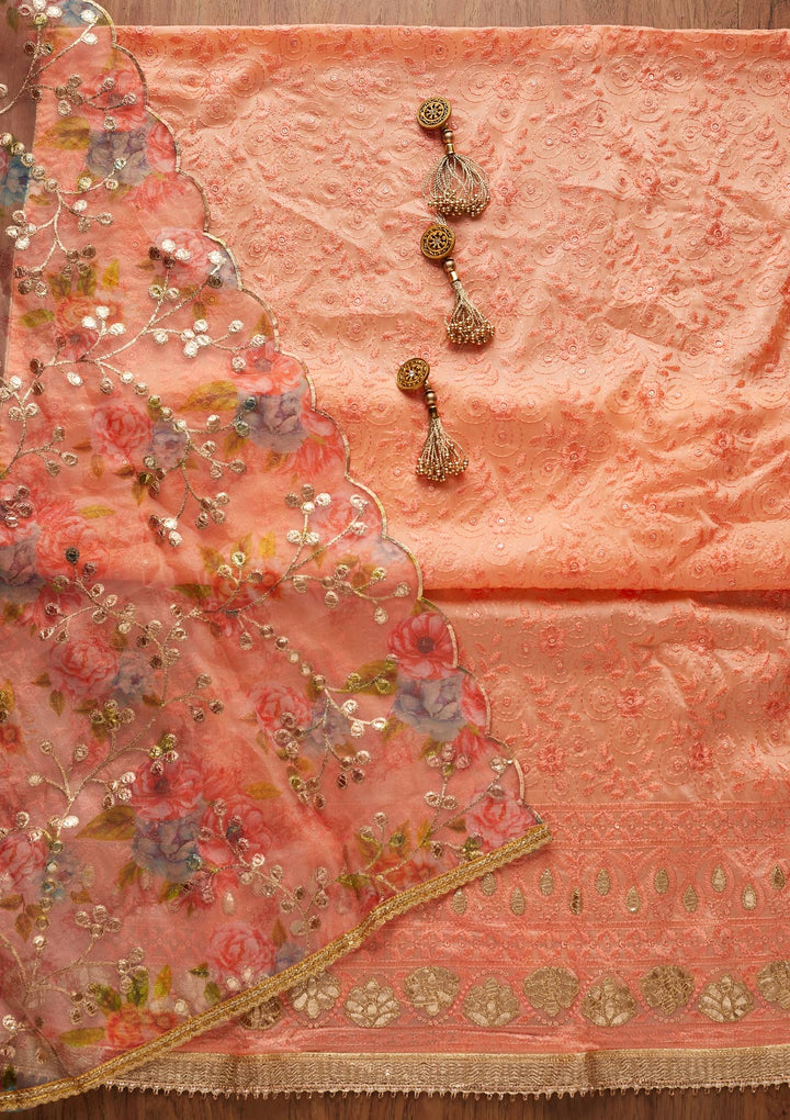 Peach Threadwork Chanderi Designer Unstitched Salwar Suit - koskii