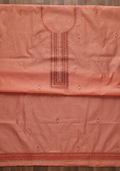 Peach Threadwork Chanderi Designer Unstitched Salwar Suit - Koskii
