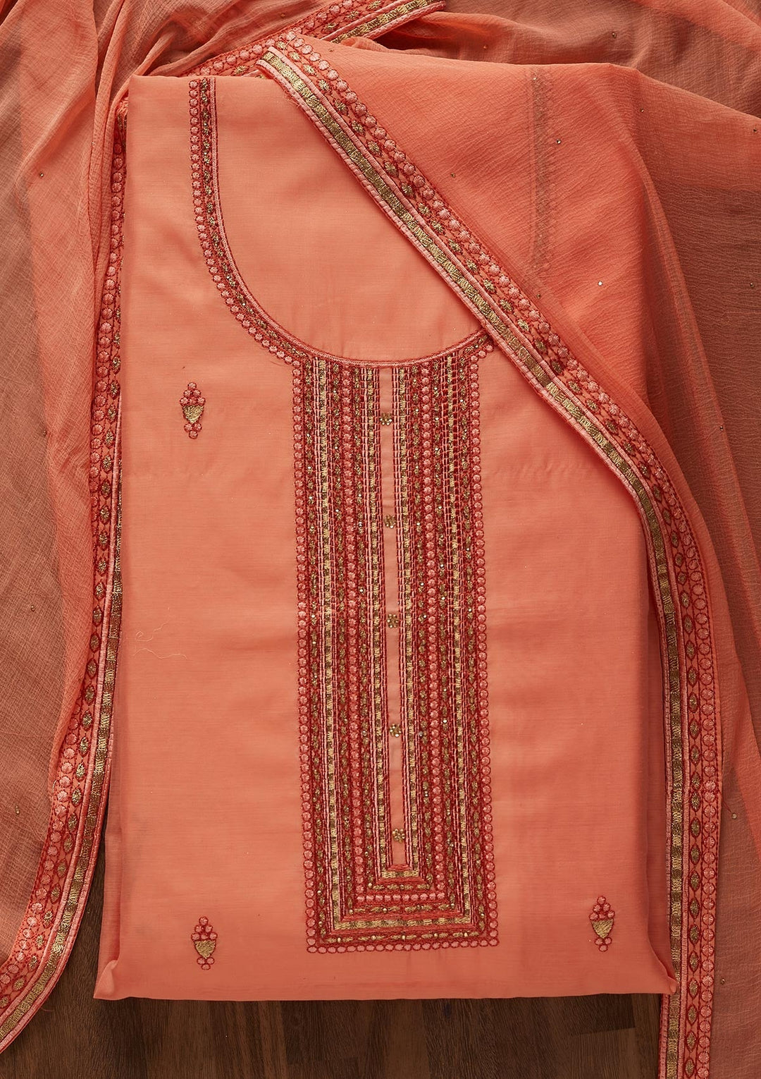 Peach Threadwork Chanderi Designer Unstitched Salwar Suit - Koskii