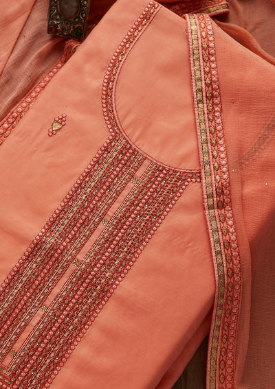 Peach Threadwork Chanderi Designer Unstitched Salwar Suit - Koskii