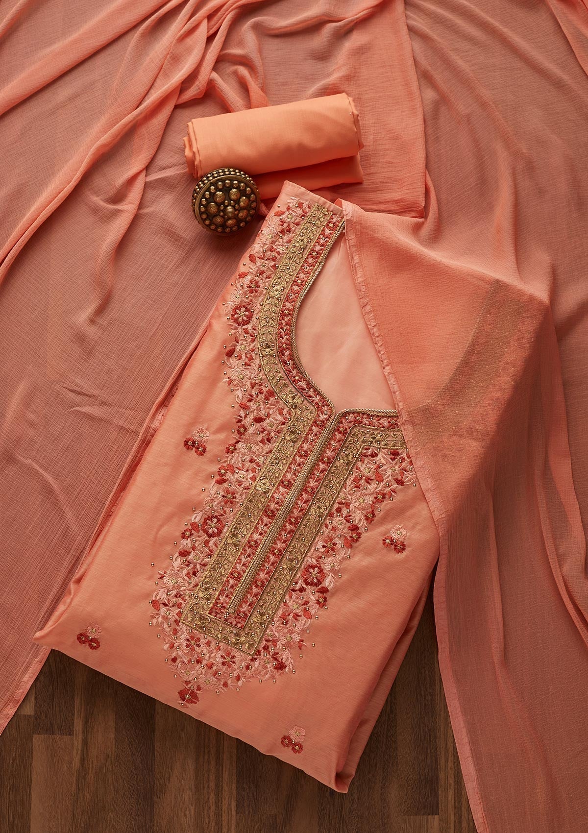 Peach Threadwork Chanderi Designer Unstitched Salwar Suit - Koskii