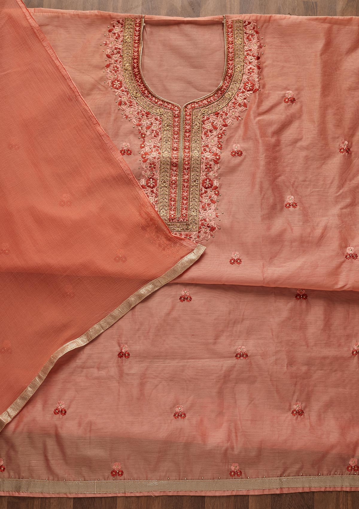 Peach Threadwork Chanderi Designer Unstitched Salwar Suit - Koskii