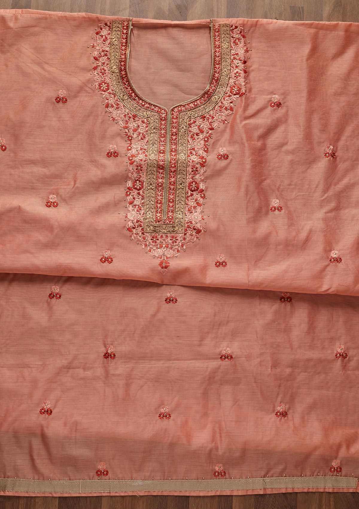 Peach Threadwork Chanderi Designer Unstitched Salwar Suit - Koskii