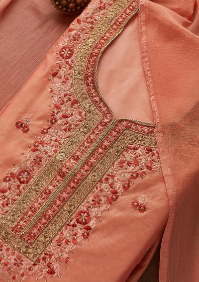 Peach Threadwork Chanderi Designer Unstitched Salwar Suit - Koskii