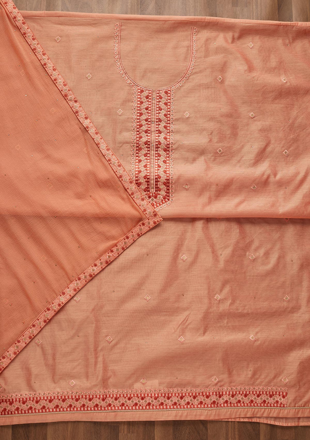 Peach Threadwork Chanderi  Unstitched Salwar Suit - Koskii