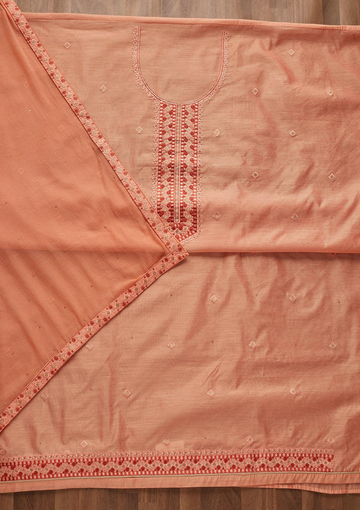 Peach Threadwork Chanderi  Unstitched Salwar Suit - Koskii
