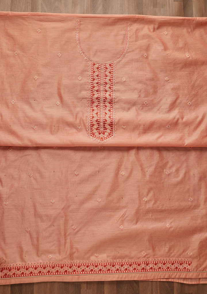 Peach Threadwork Chanderi  Unstitched Salwar Suit - Koskii