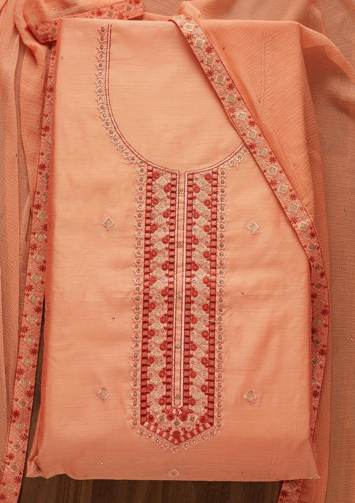 Peach Threadwork Chanderi  Unstitched Salwar Suit - Koskii