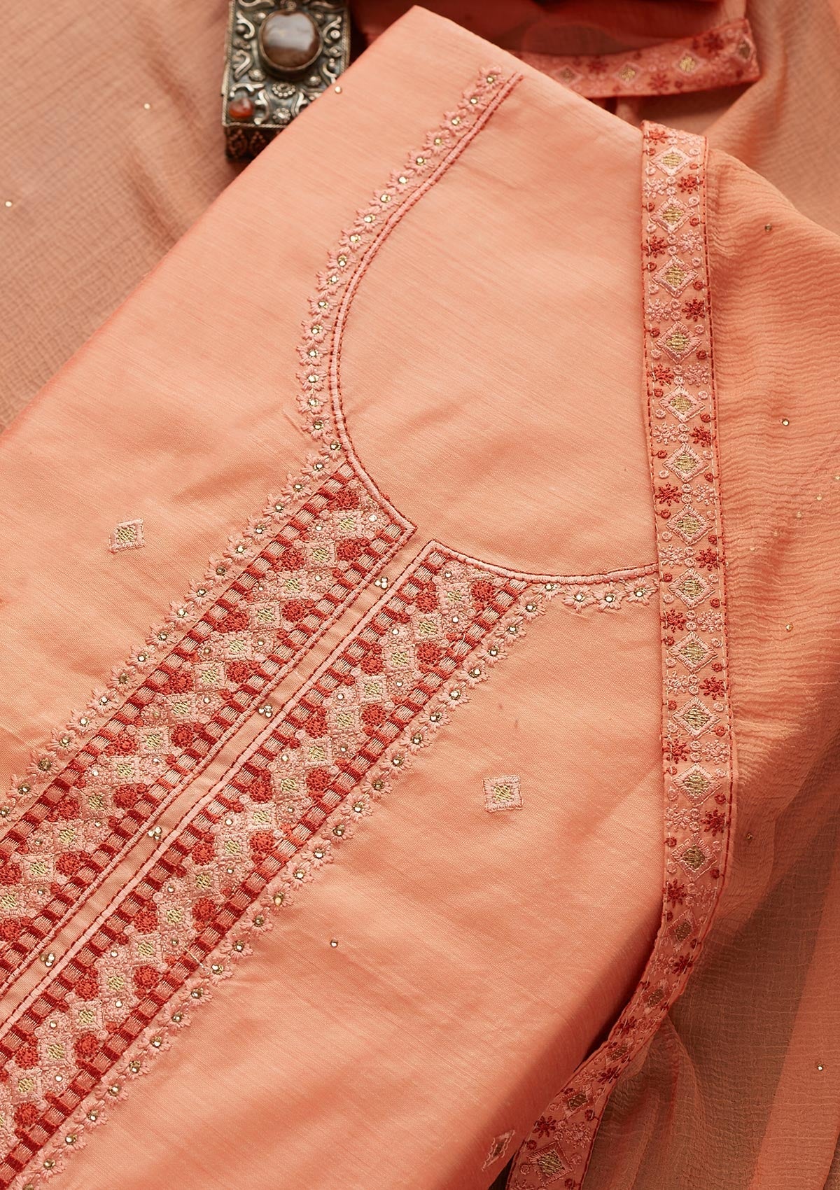 Peach Threadwork Chanderi  Unstitched Salwar Suit - Koskii