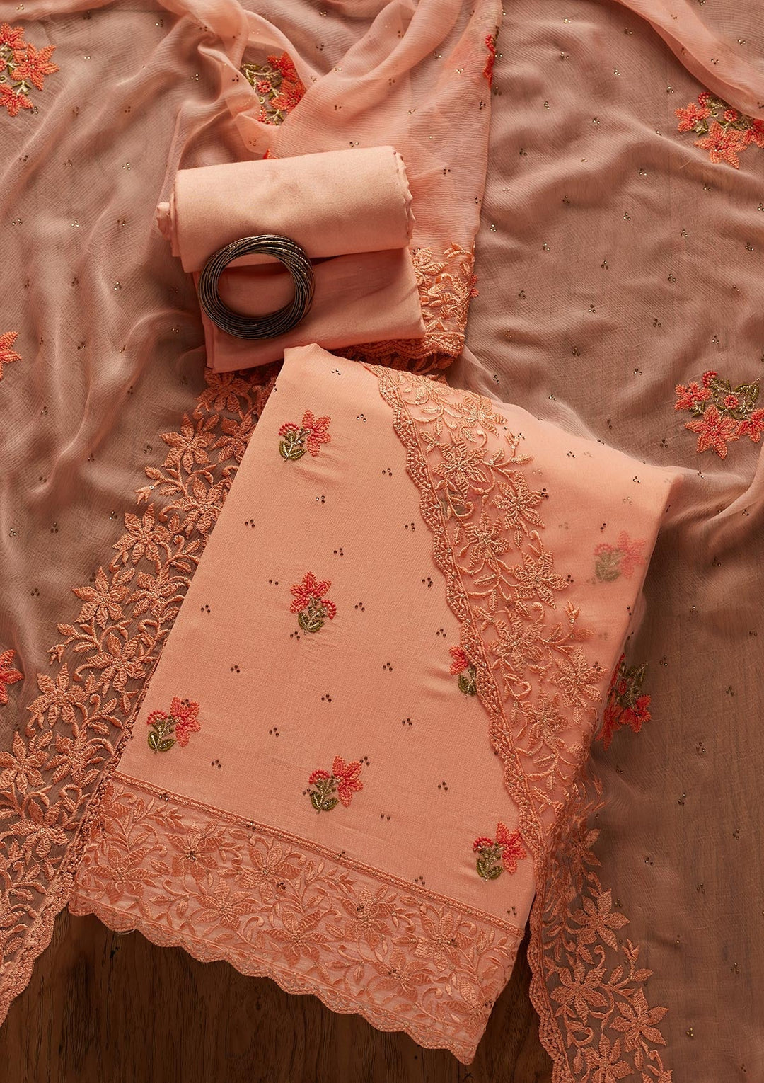 Peach Threadwork Chiffon Designer Unstitched Salwar Suit - koskii