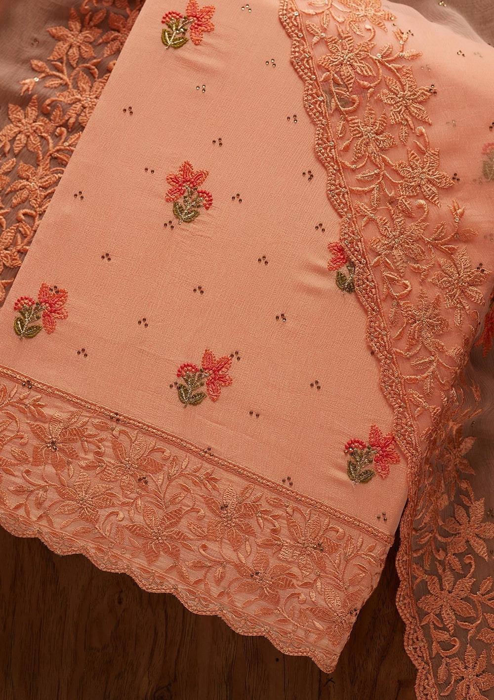 Peach Threadwork Chiffon Designer Unstitched Salwar Suit - koskii