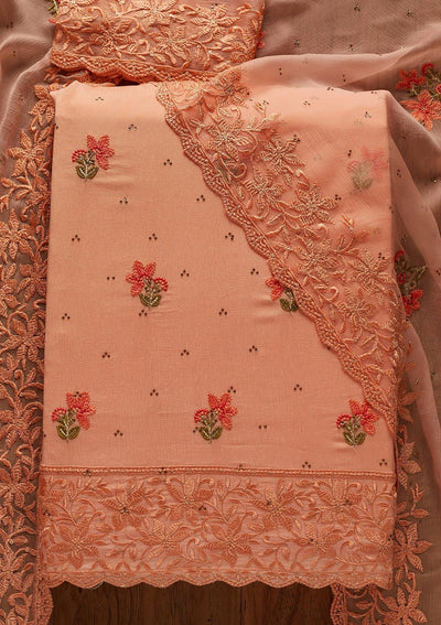 Peach Threadwork Chiffon Designer Unstitched Salwar Suit - koskii