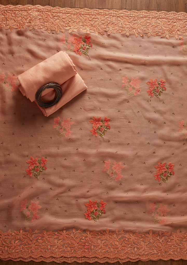 Peach Threadwork Chiffon Designer Unstitched Salwar Suit - koskii