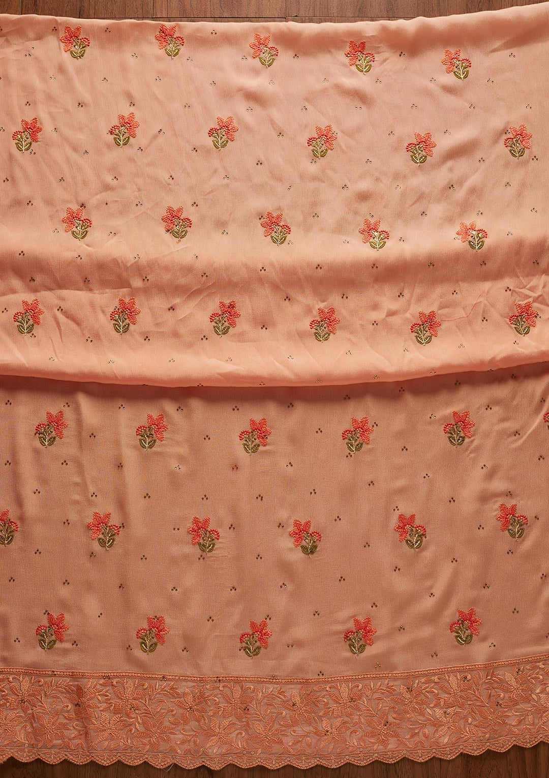 Peach Threadwork Chiffon Designer Unstitched Salwar Suit - koskii