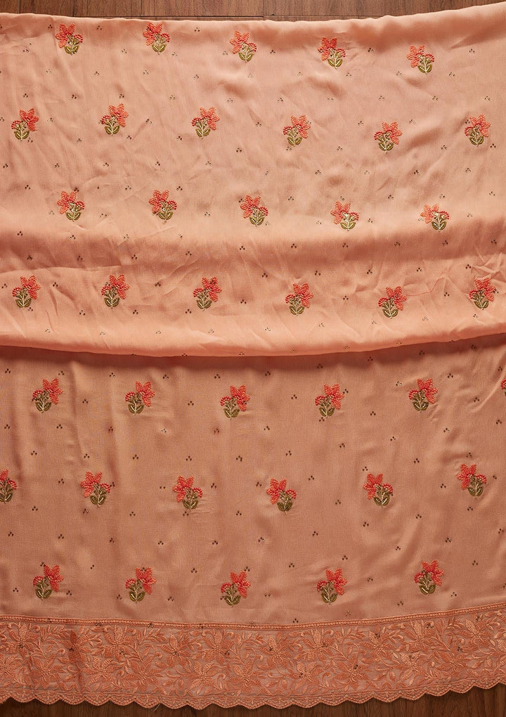 Peach Threadwork Chiffon Designer Unstitched Salwar Suit - koskii