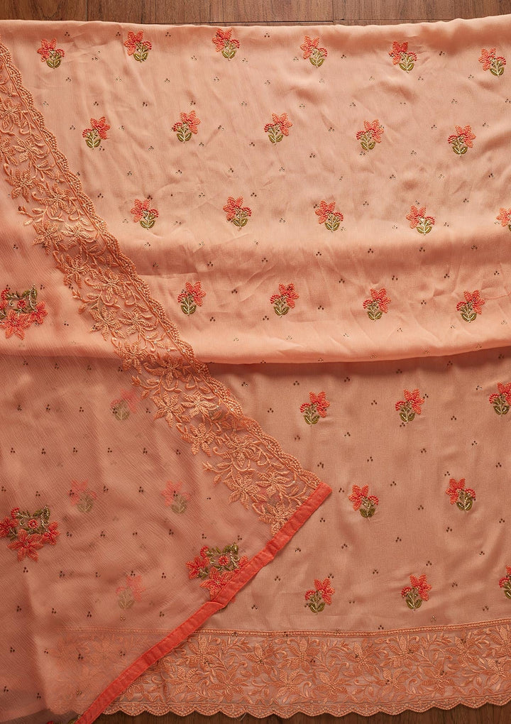 Peach Threadwork Chiffon Designer Unstitched Salwar Suit - koskii