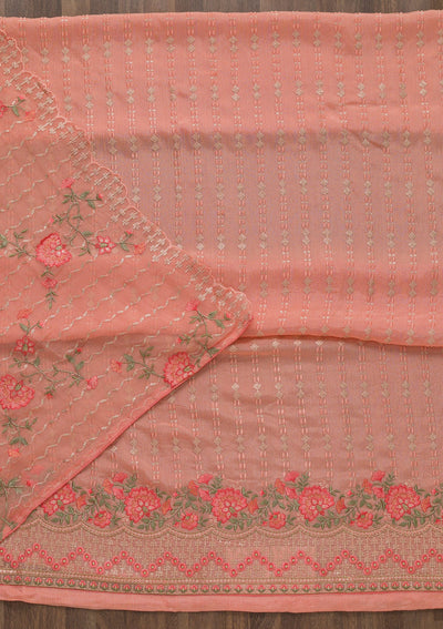 Peach Threadwork Chiffon Unstitched Salwar Suit-Koskii