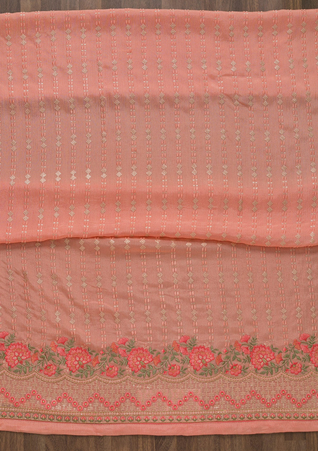 Peach Threadwork Chiffon Unstitched Salwar Suit-Koskii
