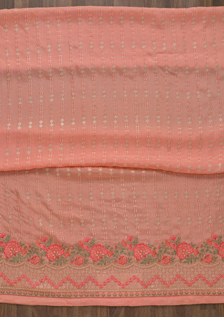 Peach Threadwork Chiffon Unstitched Salwar Suit-Koskii