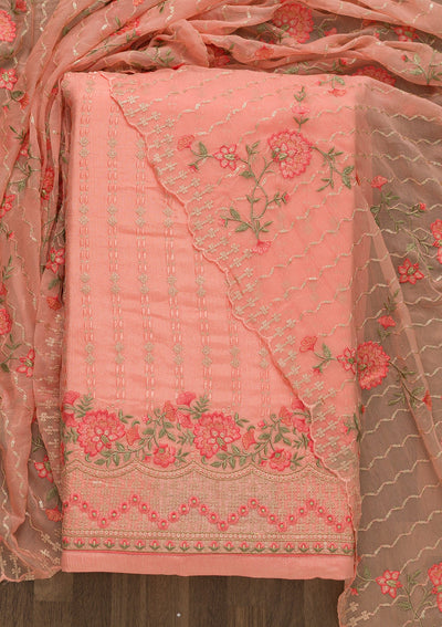 Peach Threadwork Chiffon Unstitched Salwar Suit-Koskii