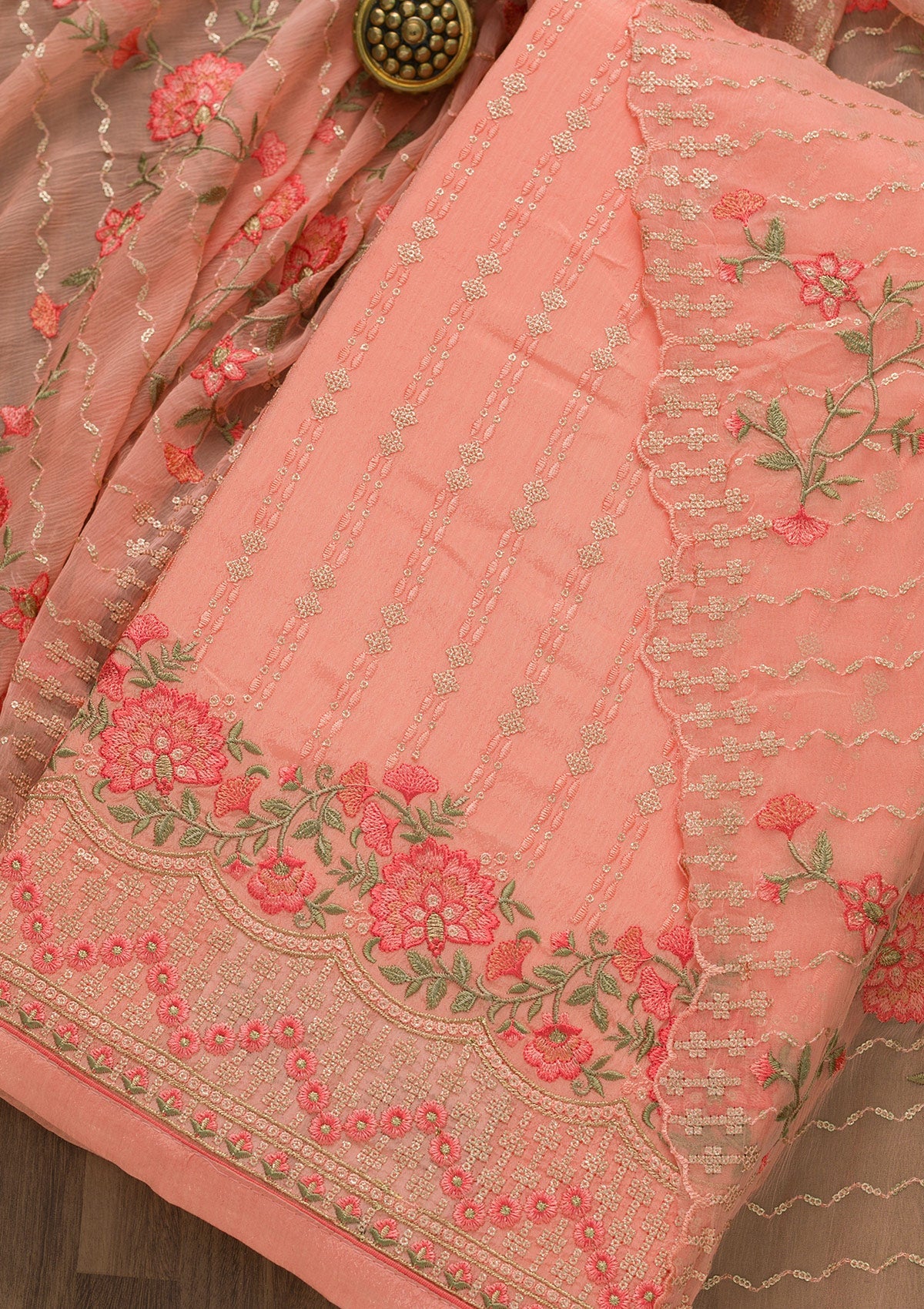 Peach Threadwork Chiffon Unstitched Salwar Suit-Koskii