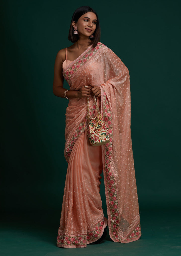 Peach Threadwork Chiffon Saree- Koskii