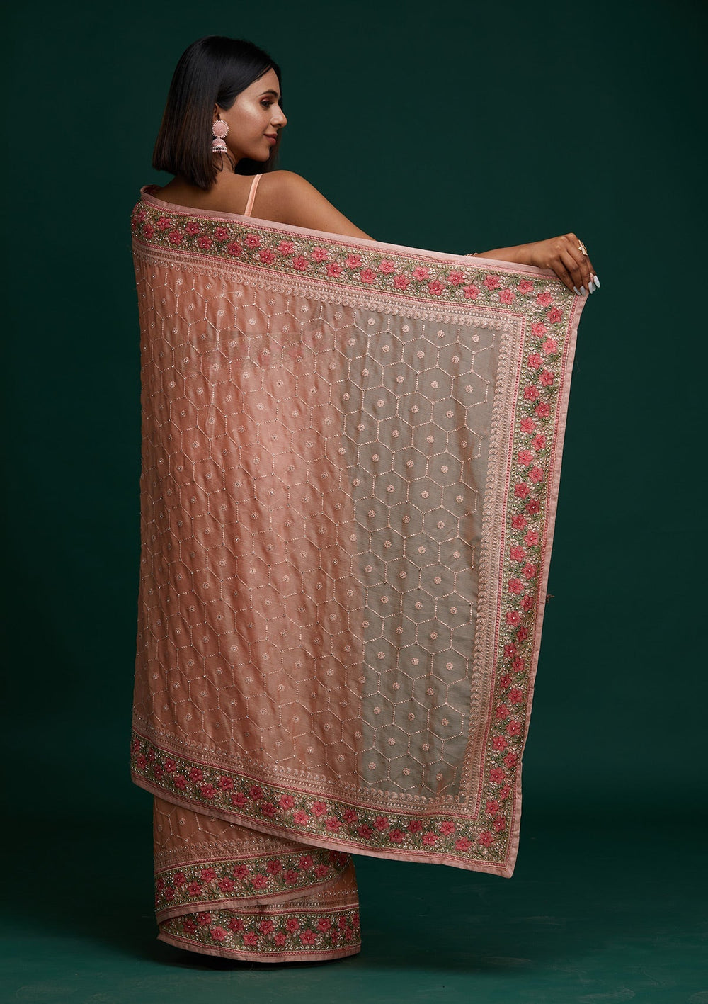 Peach Threadwork Chiffon Saree - Koskii