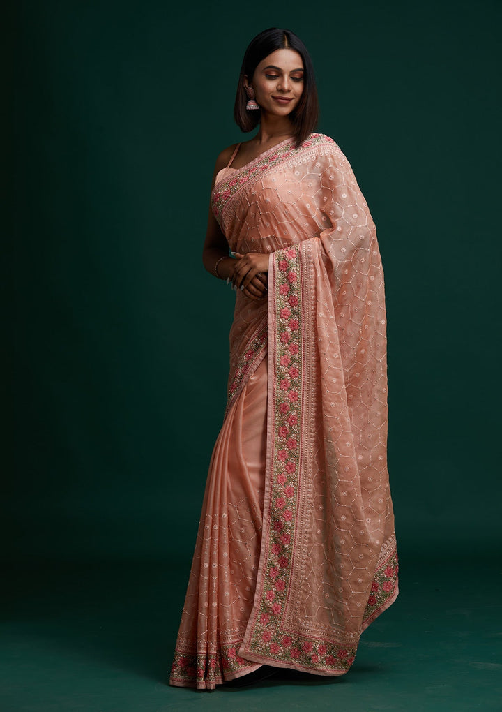 Peach Threadwork Chiffon Saree - Koskii