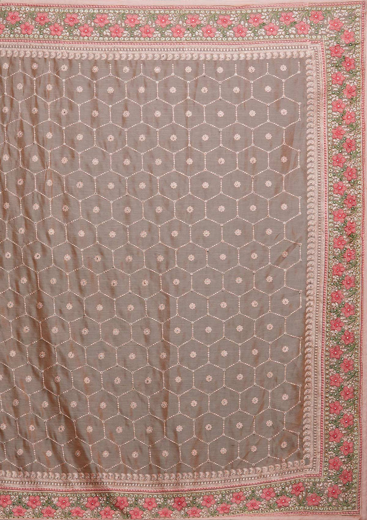 Peach Threadwork Chiffon Saree - Koskii