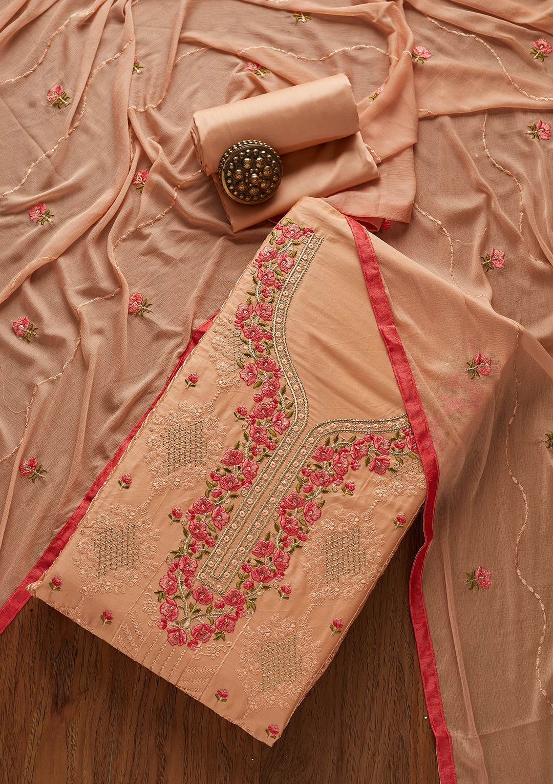 Peach Threadwork Cotton Designer Unstitched Salwar Suit - koskii