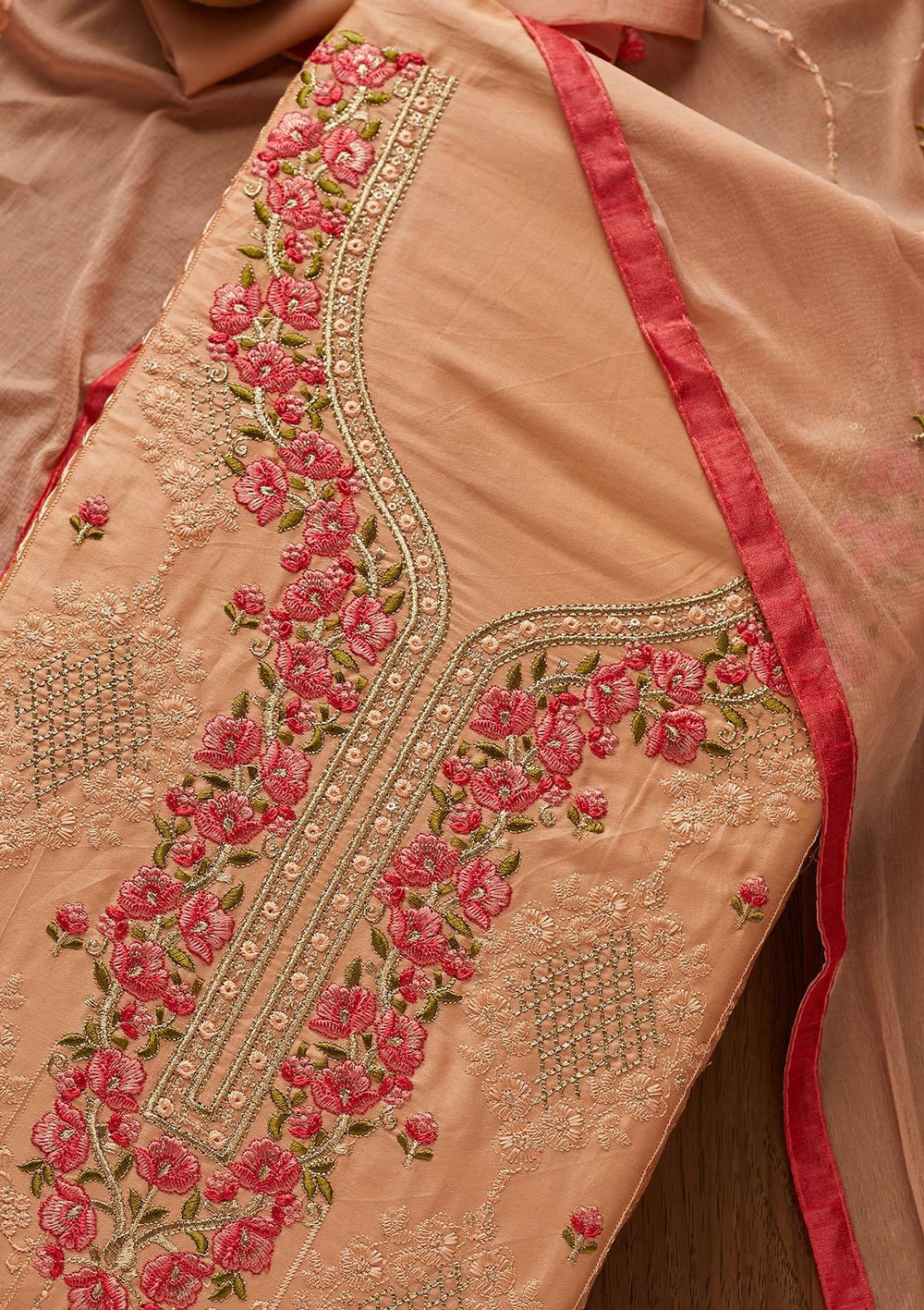 Peach Threadwork Cotton Designer Unstitched Salwar Suit - koskii