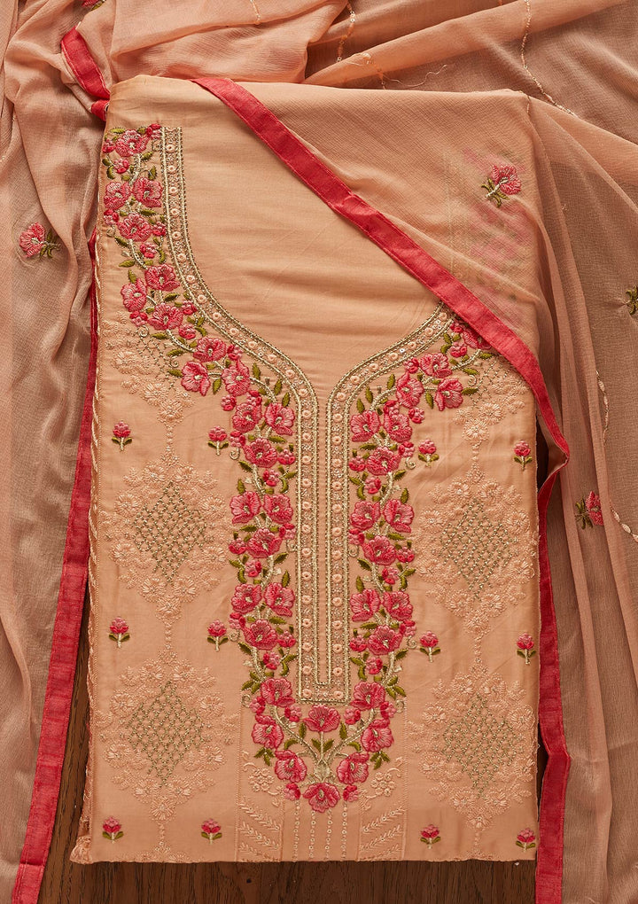 Peach Threadwork Cotton Designer Unstitched Salwar Suit - koskii