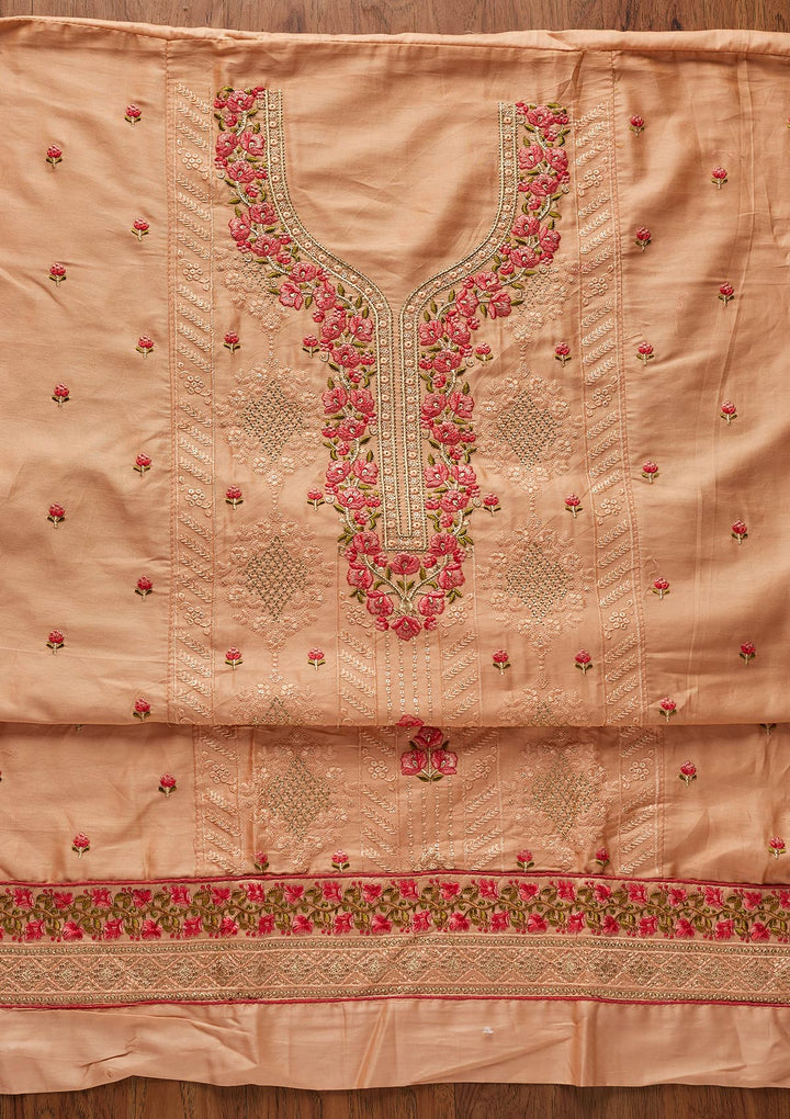 Peach Threadwork Cotton Designer Unstitched Salwar Suit - koskii