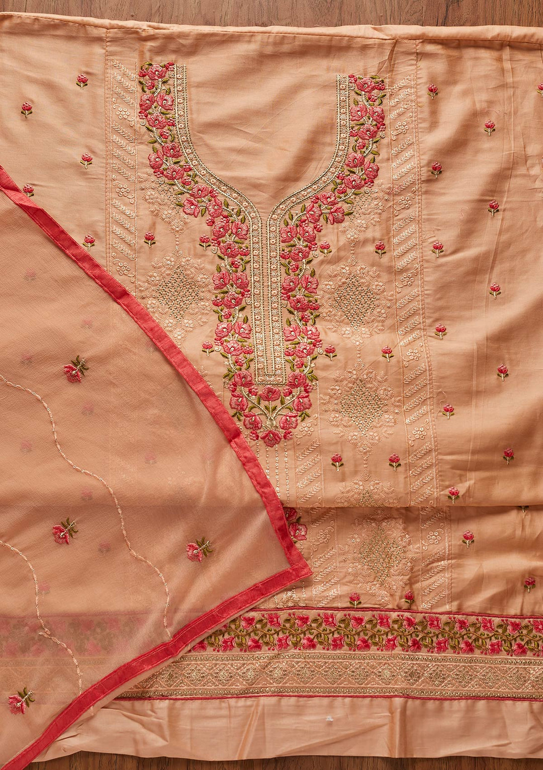 Peach Threadwork Cotton Designer Unstitched Salwar Suit - koskii