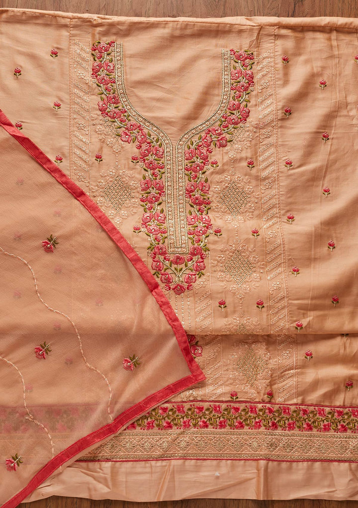 Peach Threadwork Cotton Designer Unstitched Salwar Suit - koskii
