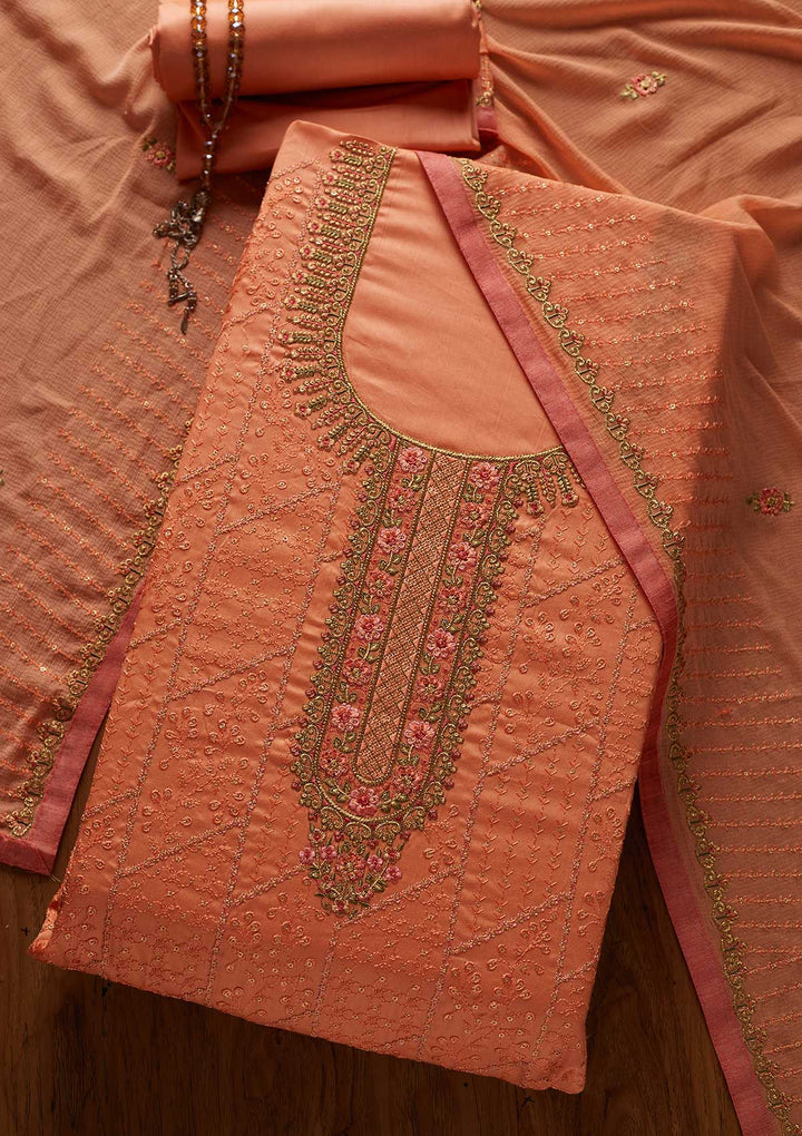 Peach Threadwork Cotton Designer Unstitched Salwar Suit - koskii