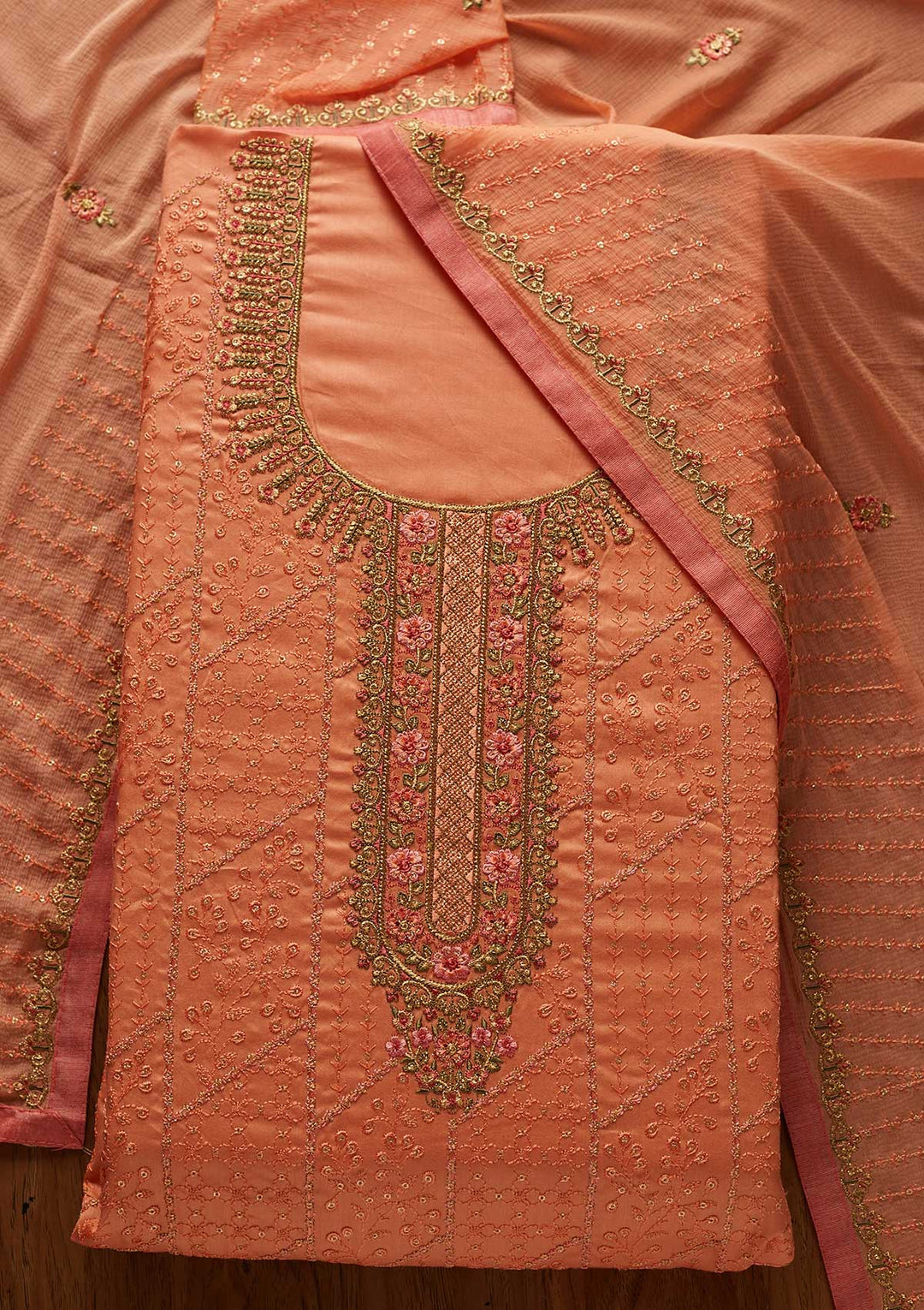 Peach Threadwork Cotton Designer Unstitched Salwar Suit - koskii
