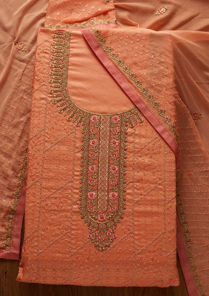 Peach Threadwork Cotton Designer Unstitched Salwar Suit - koskii
