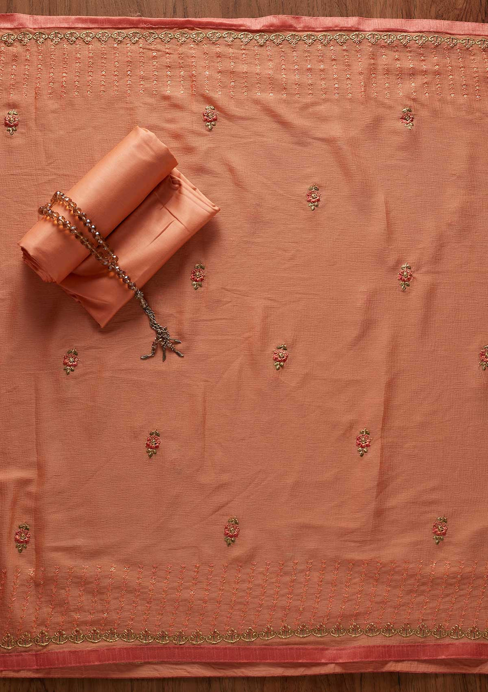 Peach Threadwork Cotton Designer Unstitched Salwar Suit - koskii