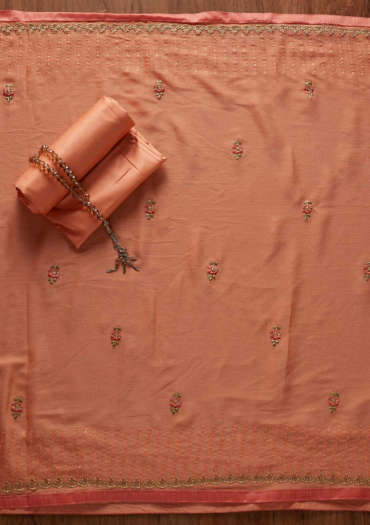 Peach Threadwork Cotton Designer Unstitched Salwar Suit - koskii