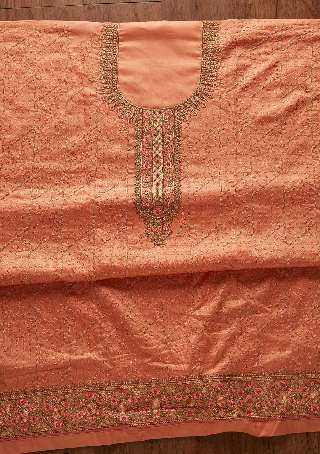 Peach Threadwork Cotton Designer Unstitched Salwar Suit - koskii