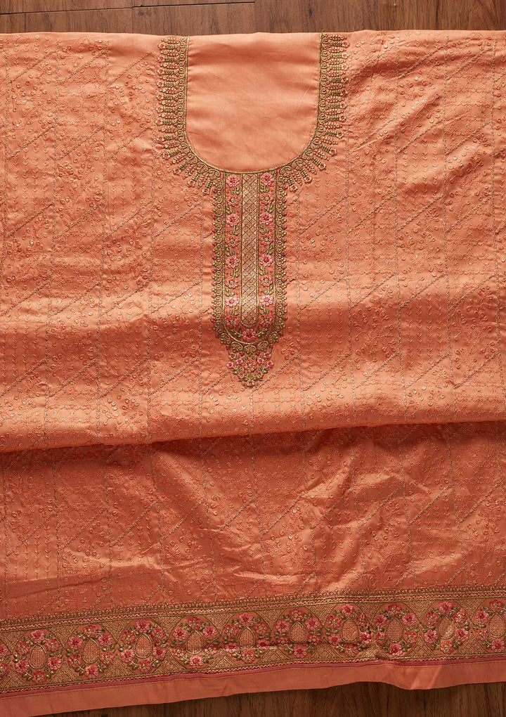 Peach Threadwork Cotton Designer Unstitched Salwar Suit - koskii