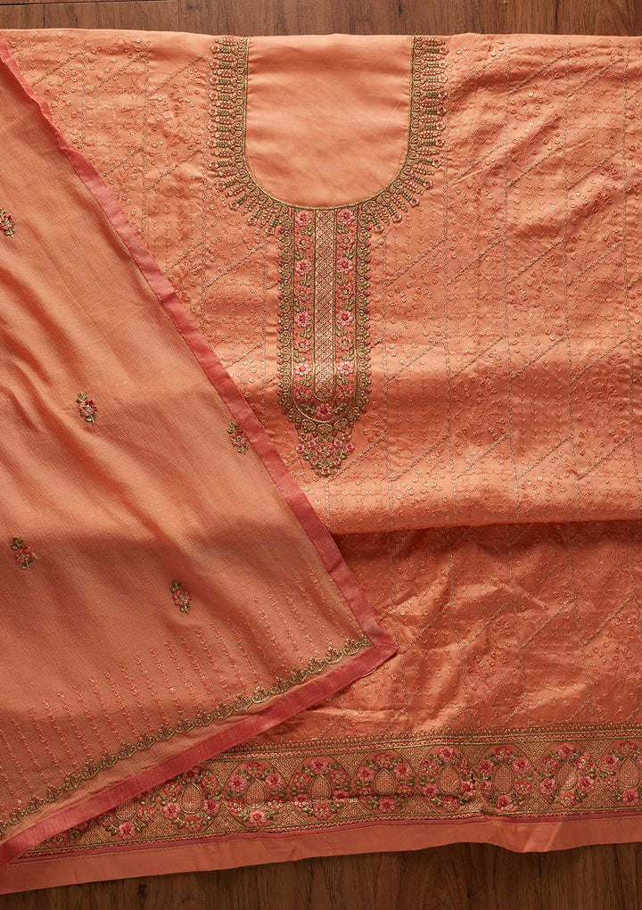 Peach Threadwork Cotton Designer Unstitched Salwar Suit - koskii