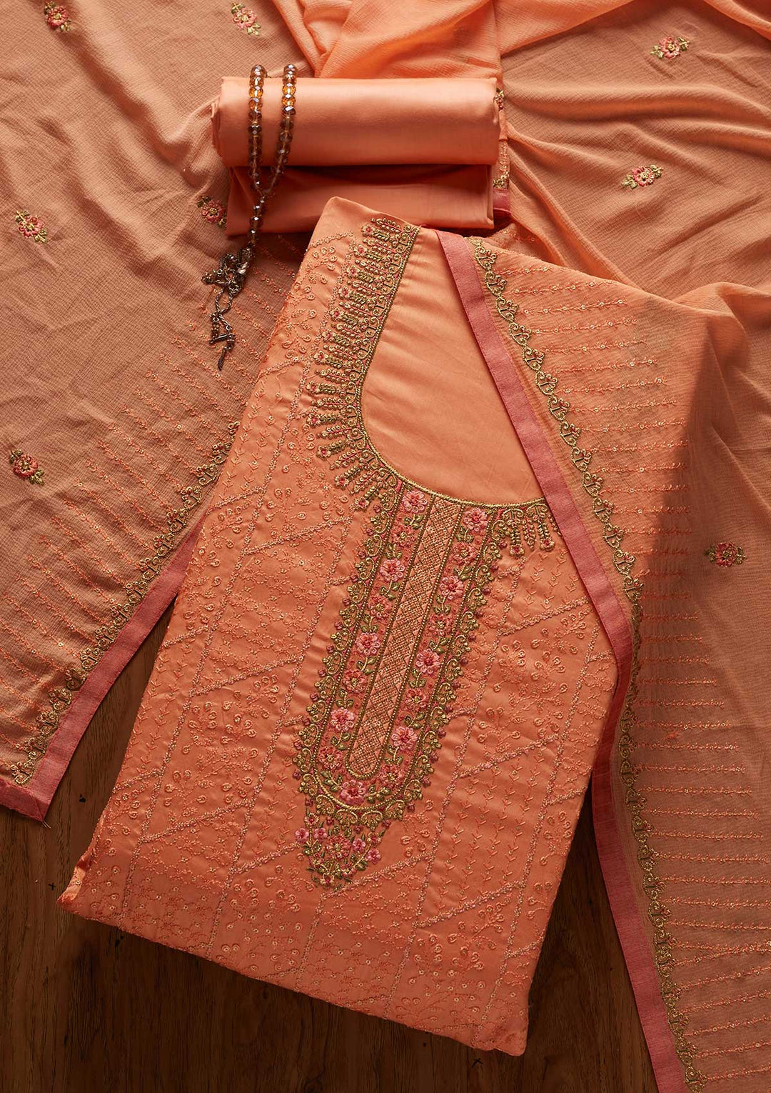 Peach Threadwork Cotton Designer Unstitched Salwar Suit - koskii