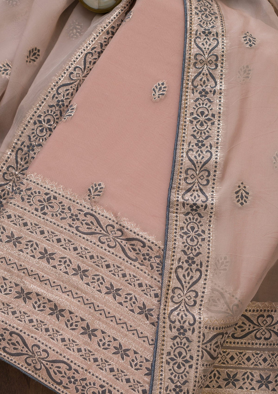 Peach Threadwork Cotton Unstitched Salwar Suit-Koskii