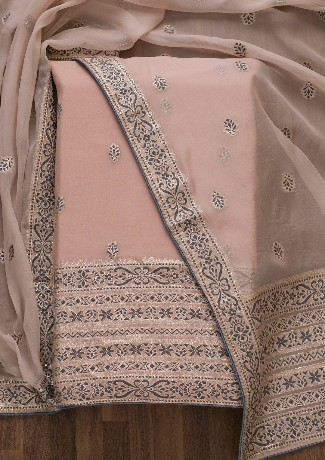 Peach Threadwork Cotton Unstitched Salwar Suit-Koskii