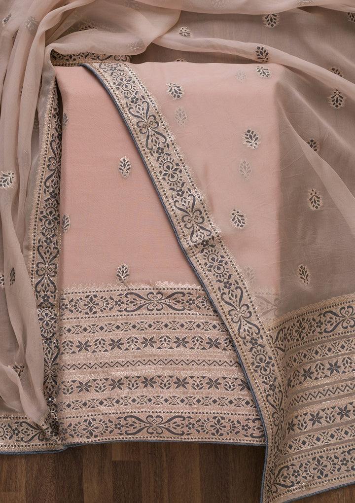Peach Threadwork Cotton Unstitched Salwar Suit-Koskii
