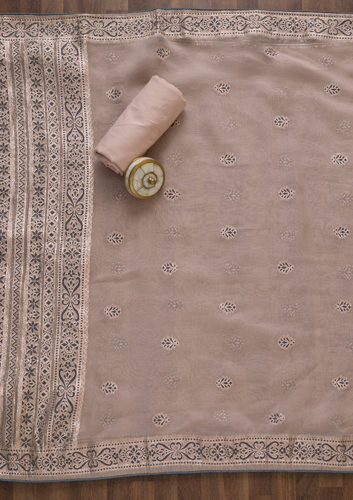 Peach Threadwork Cotton Unstitched Salwar Suit-Koskii