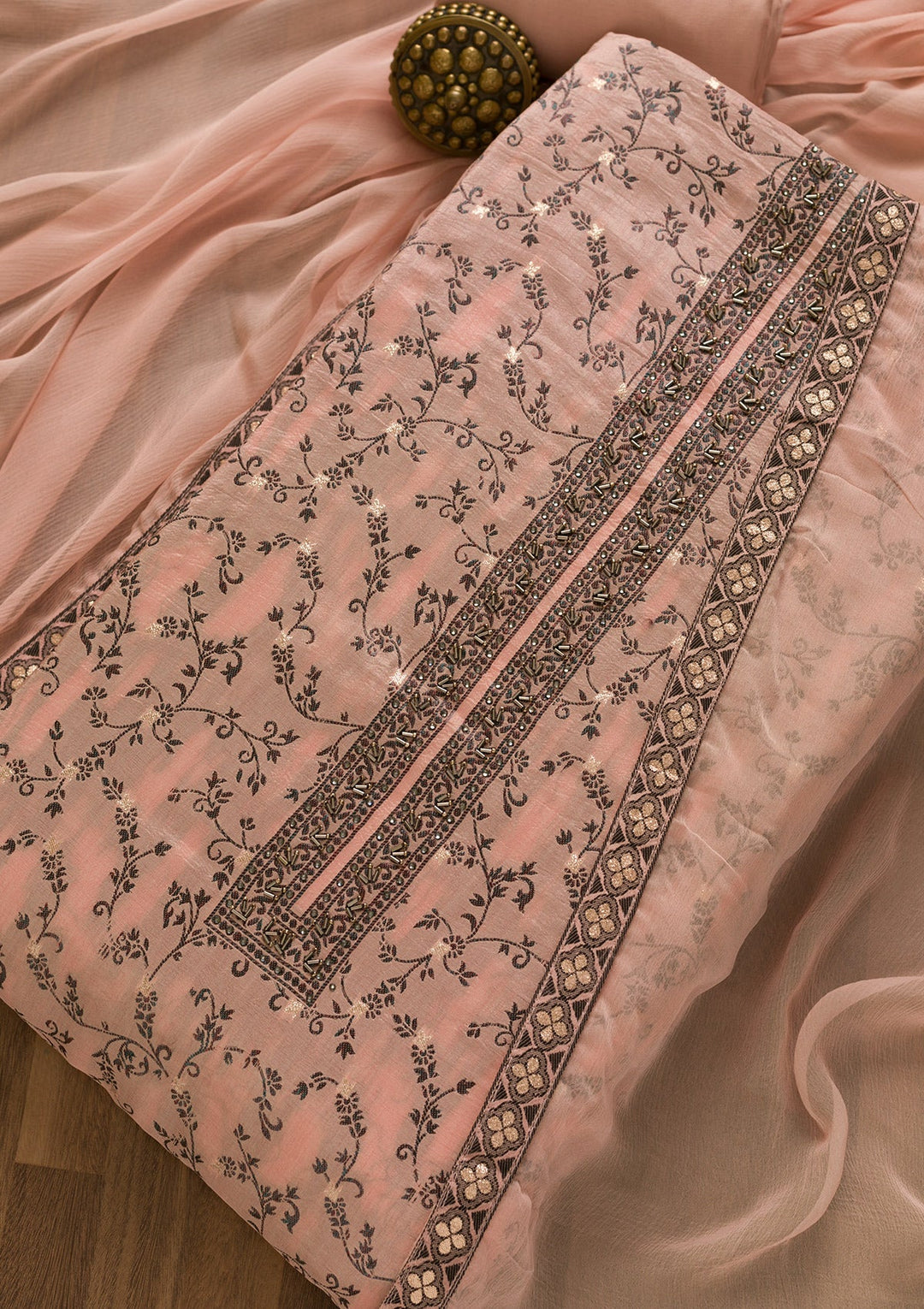 Peach Threadwork Cutdana Unstitched Salwar Kameez-Koskii