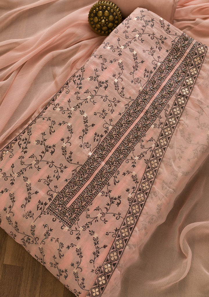Peach Threadwork Cutdana Unstitched Salwar Kameez-Koskii